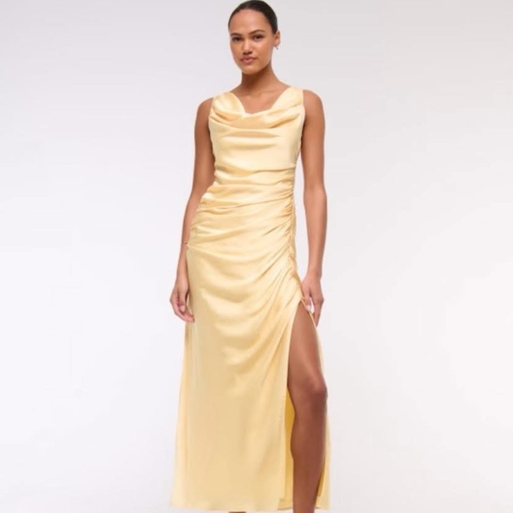 Abercrombie & Fitch Satin Cowl Neck Maxi Dress in Pale Yellow